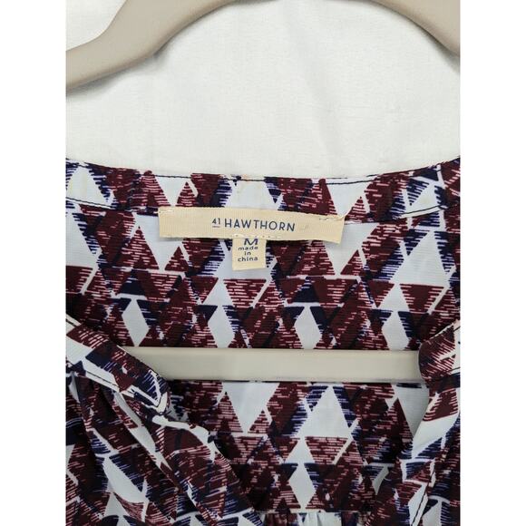 41 Hawthorn Geometric Blouse M Red VNeck Roll Tab Long Sleeves Office Top Career - Picture 3 of 9